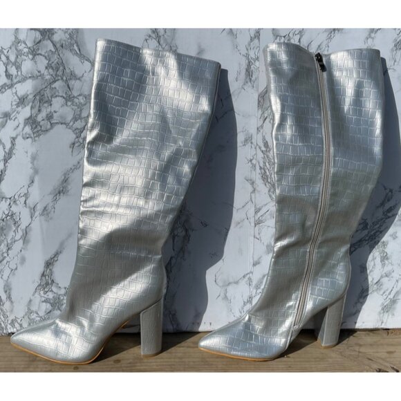 Silver Croc-Embossed Knee-High Boots With Block Heel & Side Zipper Closure size - Picture 2 of 10
